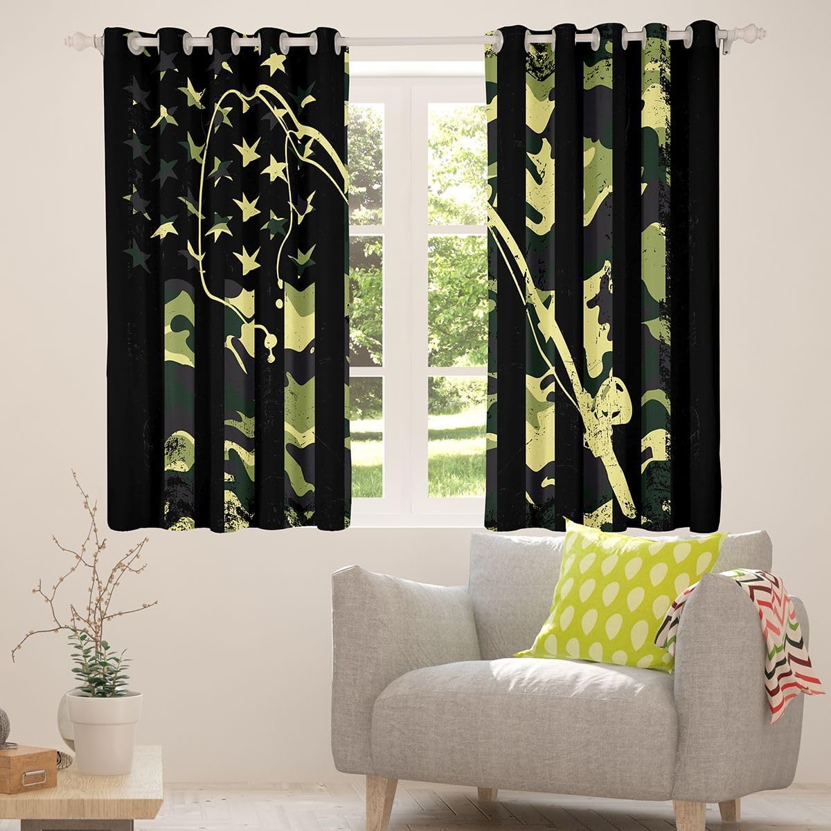 Green Camouflage Window Curtains Camo American Flag Curtains for Bedroom Living Room Living Room Farmhouse Fishing Decor Blackout Curtains(30-50%) Black Wild Window Drapes (2 Panels, 42 x 63 Inch)