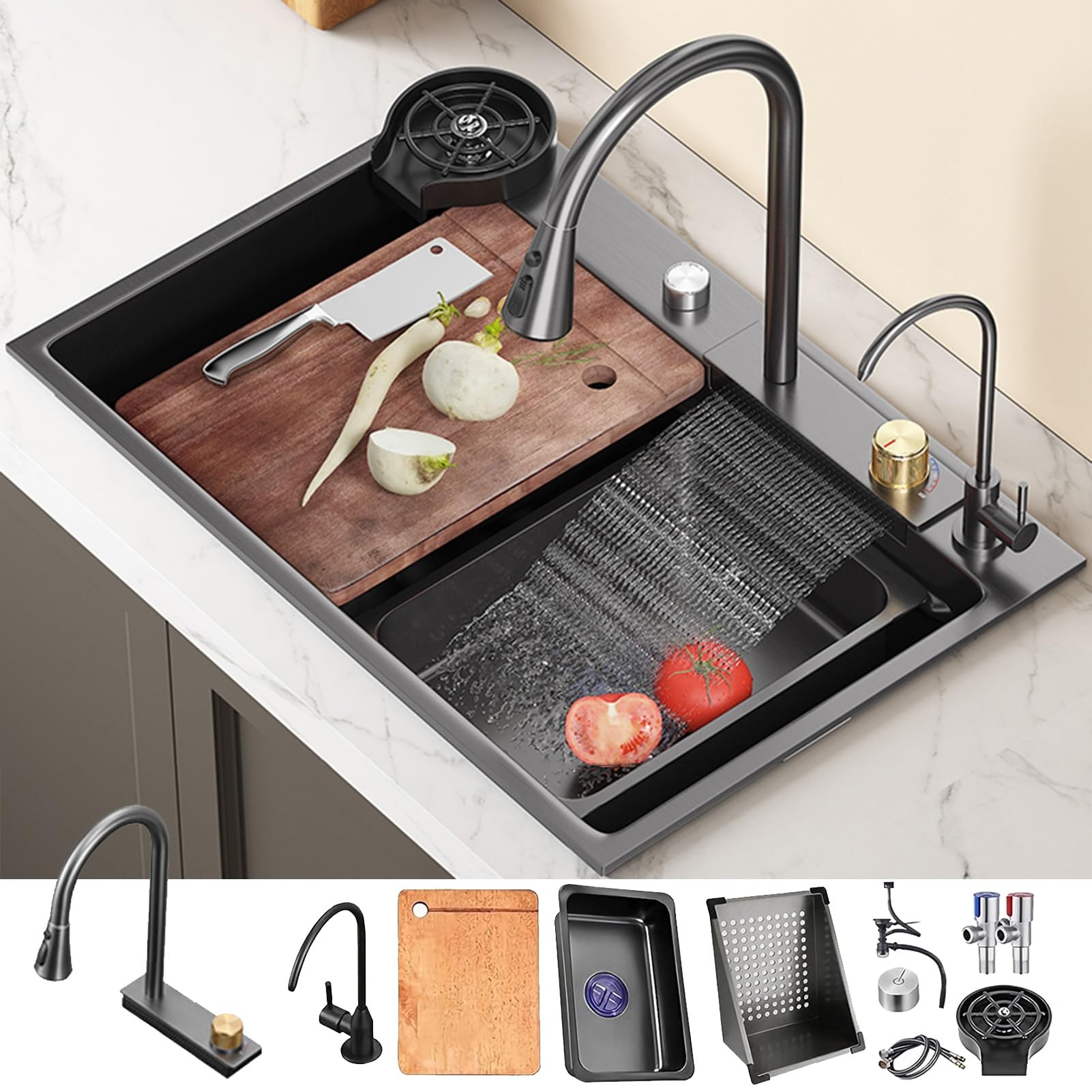 80x45cm Fregadero de cascada negro, fregadero de cocina multifuncional fregadero de acero inoxidable, 1 lavabo fregadero con grifo multifuncional y otros accesorios