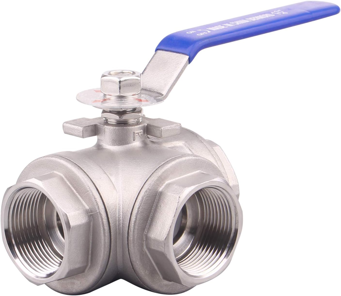 DERNORD 3-Way Ball Valve, T Mounting Pad, Stainless Steel 304 Female Type for Water, Oil, and Gas with Vinyl Locking Handle (1 1/4 Inch NPT)