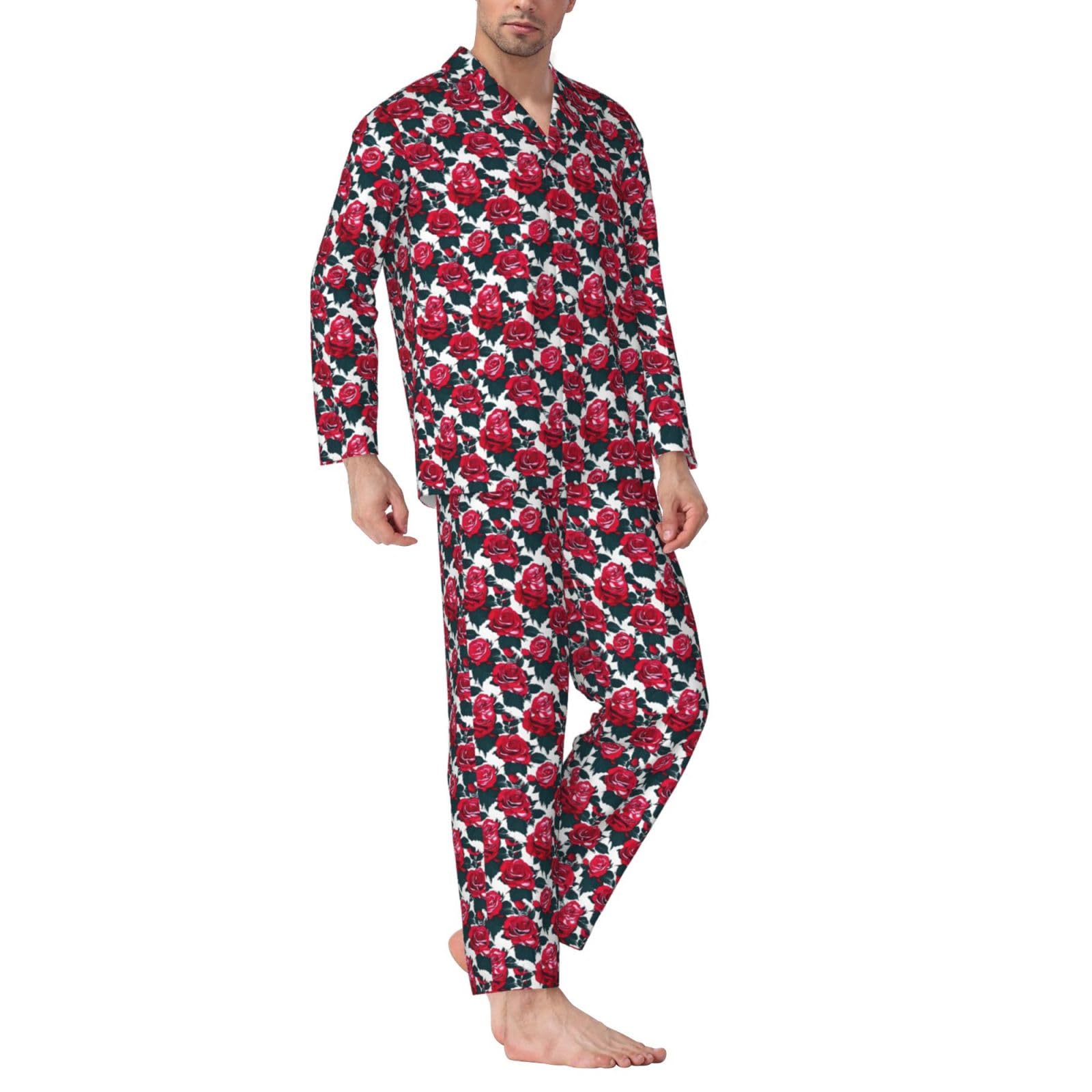 Herren-Pyjama-Set mit Rosenblüten und Blumenbild, langärmelig, zweiteilig, Hauskleidung, bequeme Nachtwäsche