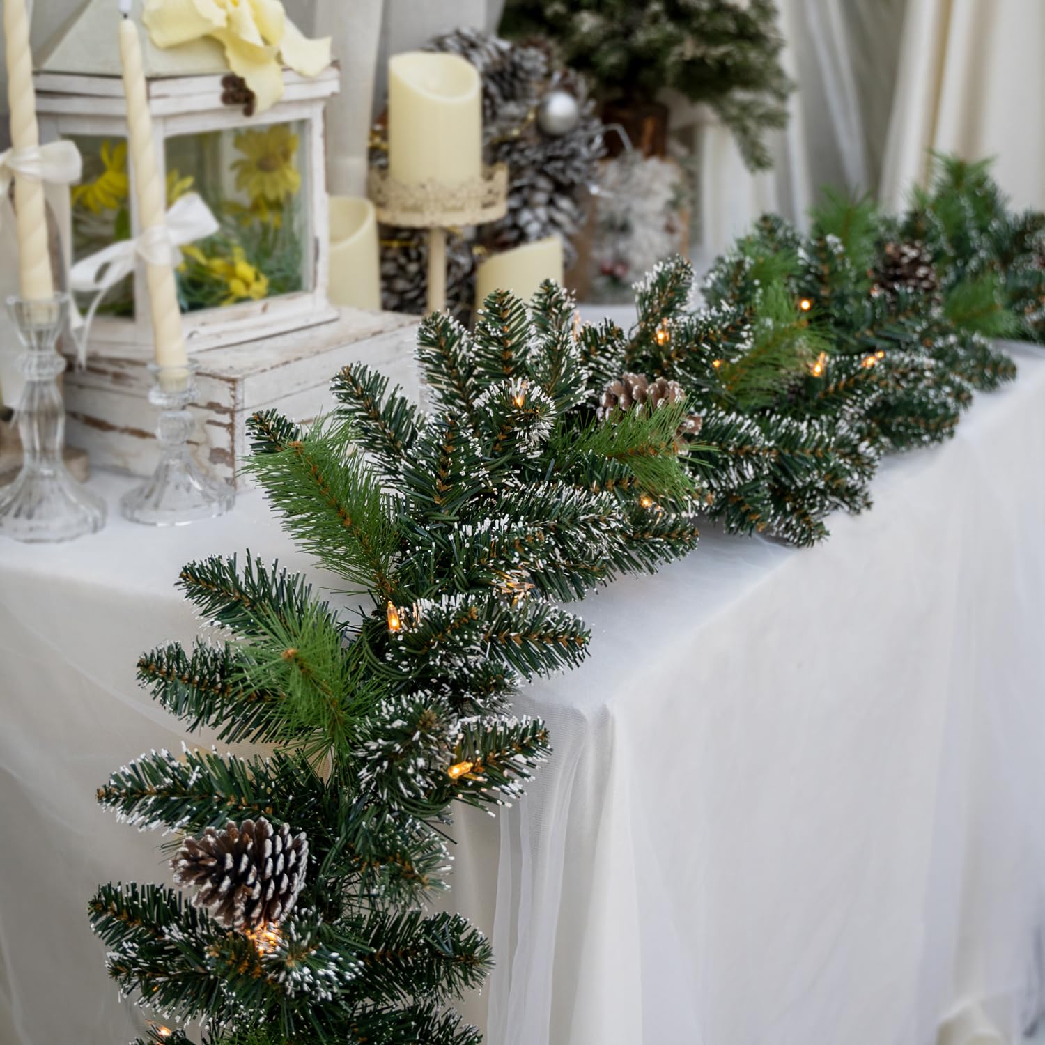 9FT Pre-Lit Artificial Christmas Garland with 50 Lights, White Garland with Pine Cones and Red Berries, Plug-in Snowy Christmas Garland for Mantel, Staircase, Door