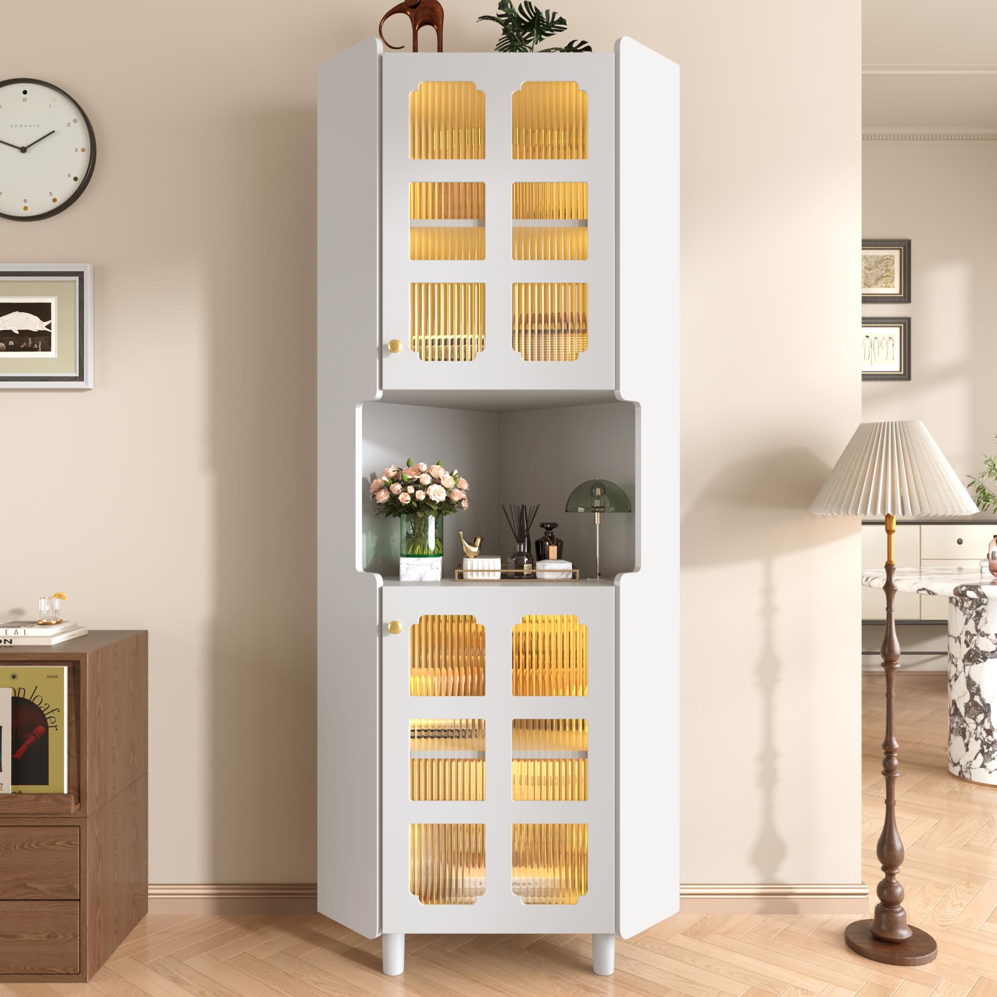 BTM Weißer Eck-Schrank mit Lackschicht & LED-Beleuchtung – Multifunktionale Ecken-Kommode für Wohnzimmer, Bücherregal, Badezimmer, Schlafzimmer, Esszimmer, MDF-Platte weißer Lackoberfläche