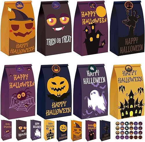M-sorflly Bolsas de regalo de Halloween, 70 bolsas de regalo de Halloween, de papel, truco o trato para niños y 70 bolsas de regalo de calcomanías
