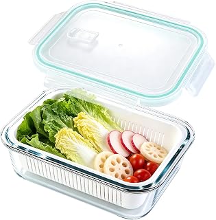 Glass Veggie Tray with Lid, Glass Meal Prep Containers with Filter Basket | High Borosilicate Glass Container, Sturdy and Durable, Leak Sealing Design, Easy to Use, Detachable Filter Screen