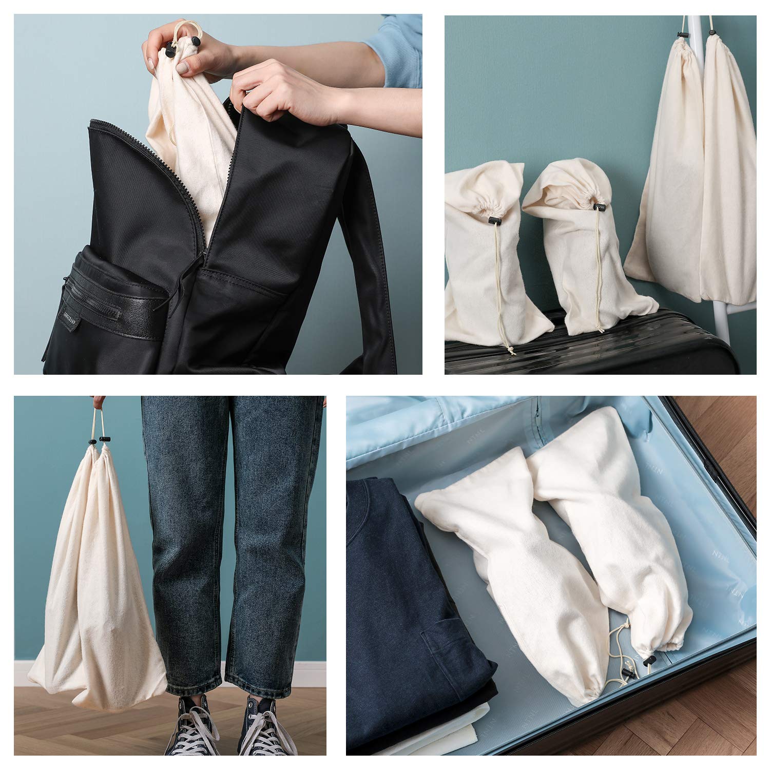 Bolsa para Guardar Zapatos 100% Algodón con Cordón, Juego de 4 Piezas para Viaje y Almacenamiento