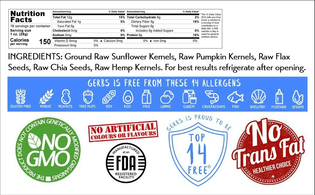Gerbs Super 5 Seed Meal 1 lb. | Finely Ground, No Artificial Additives, Resealable Bag | Hearty & Nutty Texture for Baking & Smoothies | Top 14 Allergen-Free