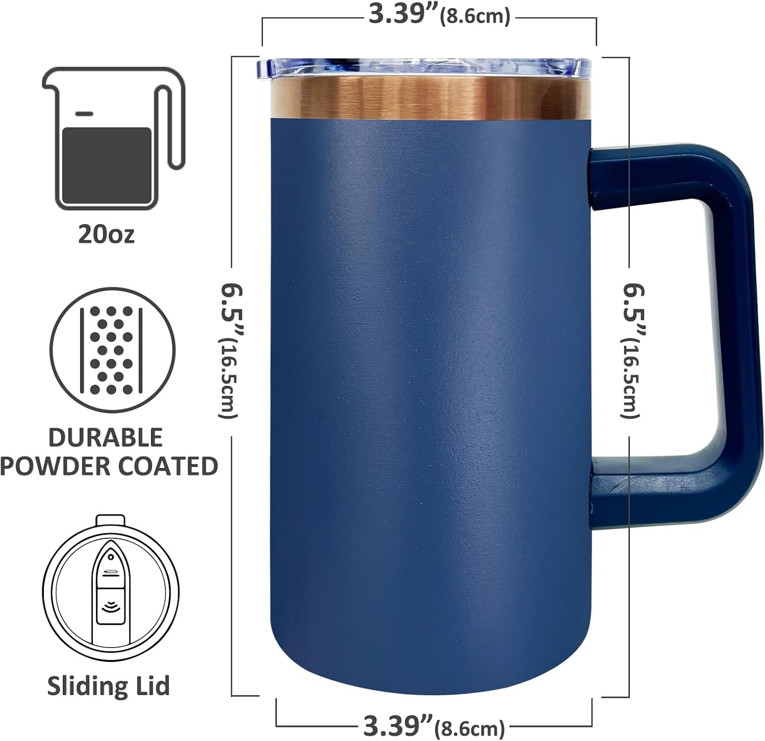 20 oz Insulated Coffee Mug with Lid, Stainless Steel Coffee Tumbler Bulk, Double Wall Vacuum Travel Mug with Handle, Leakproof Powder Coated Coffee Cups for Hot and Cold Drinks (Navy,1 pack) - Image 2