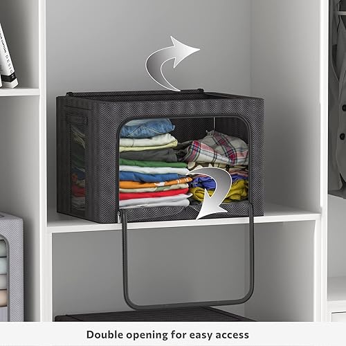 Miniatura 2 de 3 contenedores de almacenamiento de ropa con marco de metal, contenedores plegables de almacenamiento de tela con tapa, cremalleras de ventana
