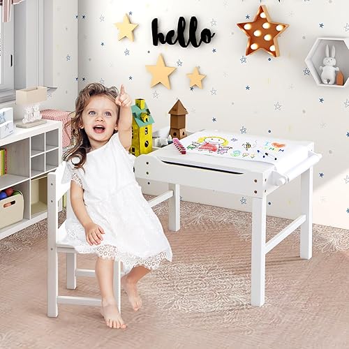 Miniatura 2 de HONEY JOY Mesa para niños, mesa de actividades de madera 2 en 1 con rollo de papel, mesa de bloques de construcción convertible, 3 compartimentos de