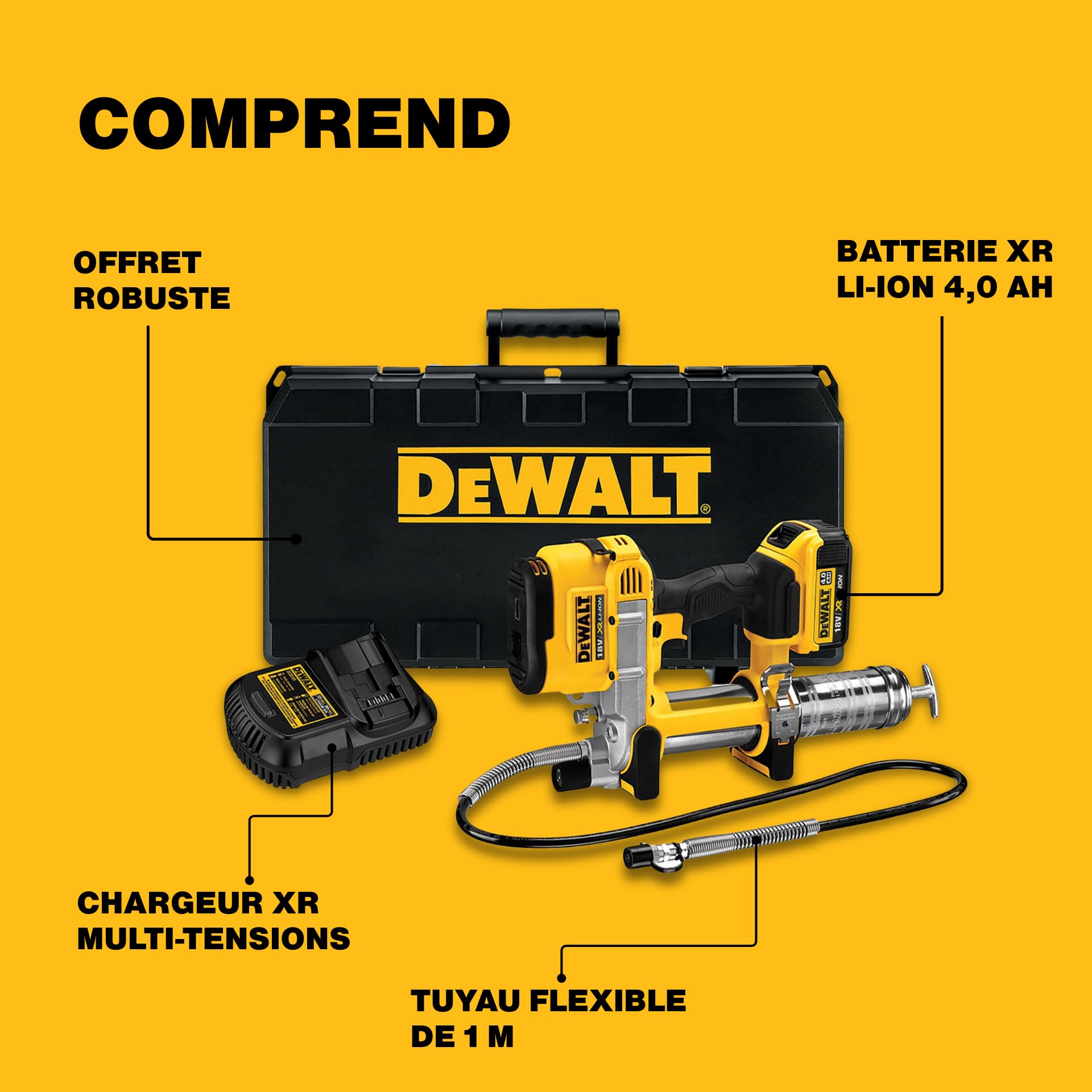 DEWALT - Pompe A Graisse Electrique Sur Batterie XR 18V 4Ah Li-Ion - DCGG571M1-QW - Sans Fil - Pompe Graisse Avec Batterie Incluse - Avec Chargeur Multi-voltage, Une Bandoulière Et Coffret TSTAK