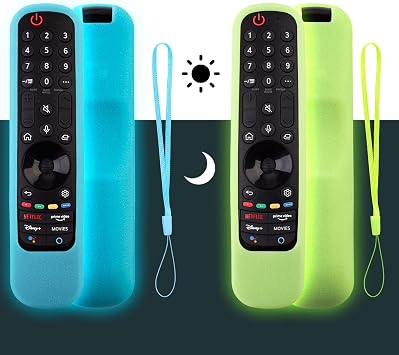 2 Pack LG Magic Remote Cover - Silicone Protective Case for LG Smart TV Remote Controller MR21/22/23 - Shockproof, Anti-Slip, Anti-Lost Loop, Glow in The Dark Glow Green + Glow Blue