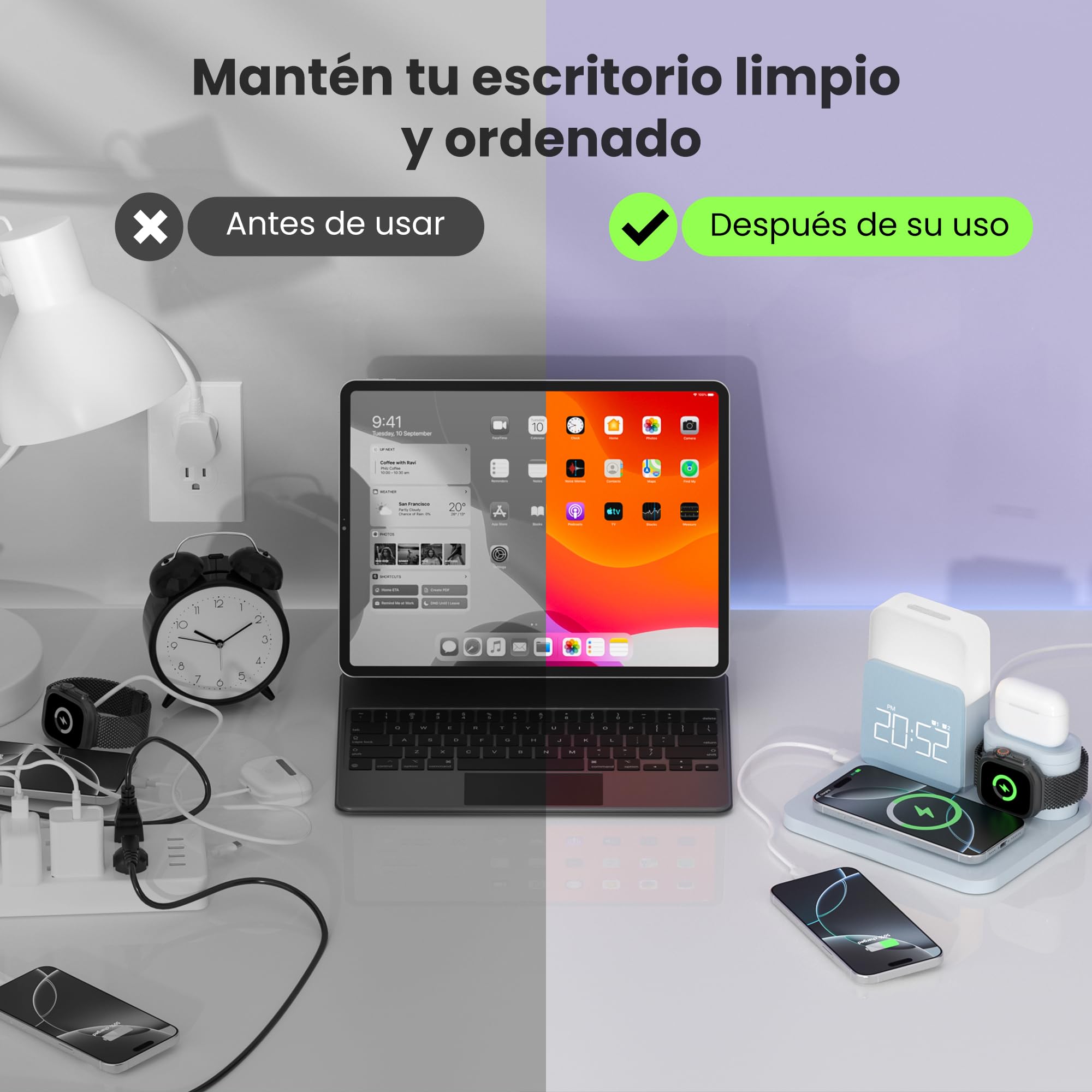 COLSUR Estación de Carga 7 en 1 para Apple Watch iPhone Airpods Cargador inalámbrico rápido de 15W para iPhone 17/16/15/14/13 lámpara de Noche con función de Carga Despertador Azul