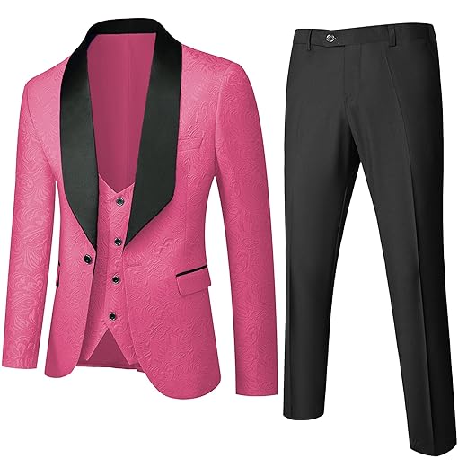 UNINUKOO Terno de smoking masculino floral de 3 peças, caimento justo, jacquard, conjunto de terno, xale, lapela para casamento, baile de formatura