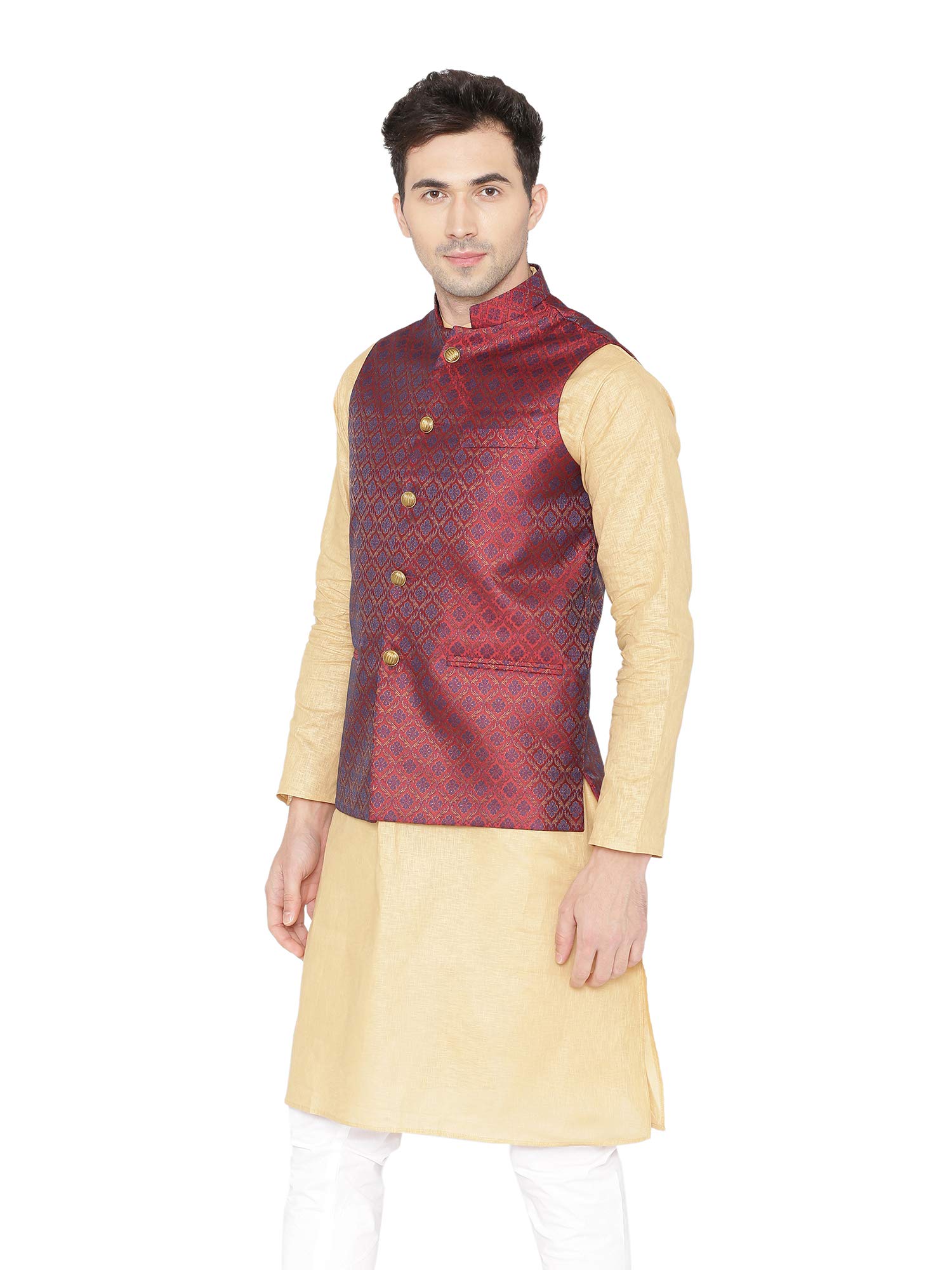 WINTAGE Men's Banarasi Rayon Cotton Casual and Festive Nehru Jacket Vest Waistcoat : Maroon