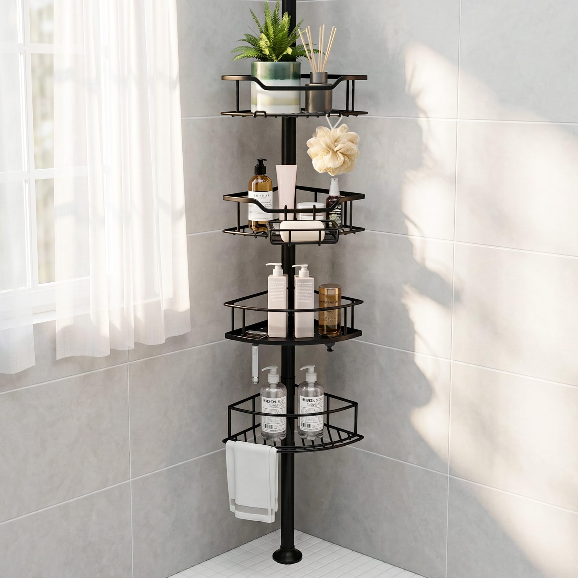 Purejoy Tension Pole Shower Caddy, 4 Tier Corner Shower Caddy with Soap Holder, Hooks & Towel Bar, Adjustable Telescopic Shower Shelves, Metal Bathroom Storage Organiser for Flat Ceilings, Black