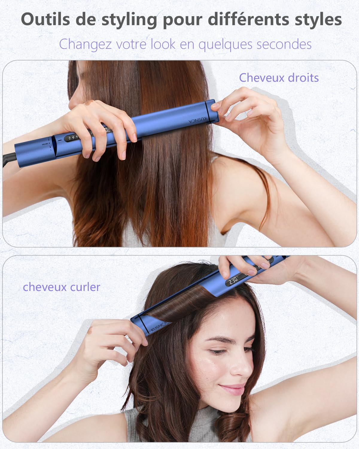 KUSNCA Lisseur Cheveux, 2 EN 1 Lisseur Boucler et Lisser Lisse et Brillant, 3D Plaque Céramique Flottante Empêche Les Cheveux de Tirer, Face Avant Avec Fonction Anti-brûlure, LCD 110°C-230°C (Bleu)