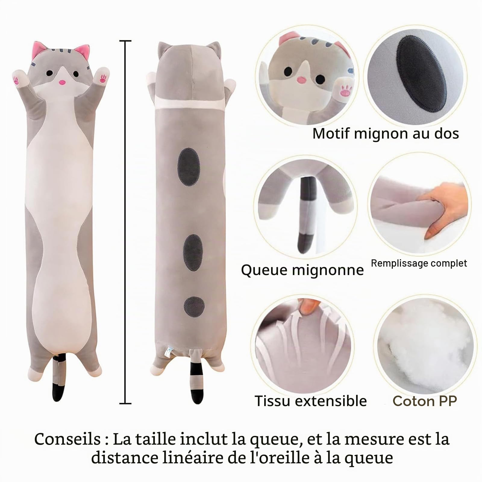 Peluche Chat Long 110cm - Grand Coussin Décoratif Chat pour Canapé, Oreiller Lombaire Super Doux, Peluche Géante pour Adulte, Cadeau Anniversaire Femme Ado (Gris)