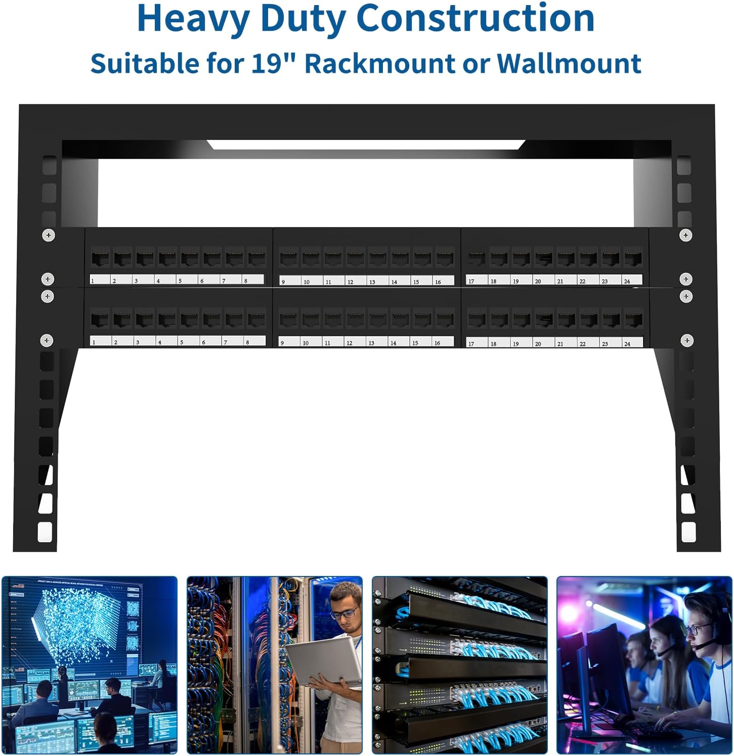 CableGeeker Patch Panel 24 Port Cat6 with RJ45 Pass-Thru Coupler Keystone, 1U Network Patch Panel UTP 19-Inch with Removable Back Bar, Wallmount or Rackmount, Compatible with Cat6, Cat5e, Cat5 Cabling