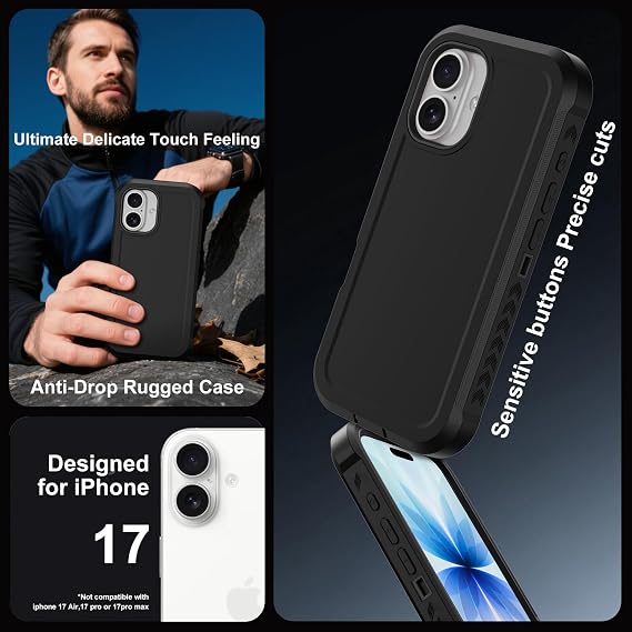 iPhone 17用磁気ケース、MagSafe対応、高耐久3層落下保護電話ケース、スクリーンプロテクター付き、ミリタリーグレードの衝撃吸収頑丈な電話カバーApple 17 6.3インチ用 ブラック