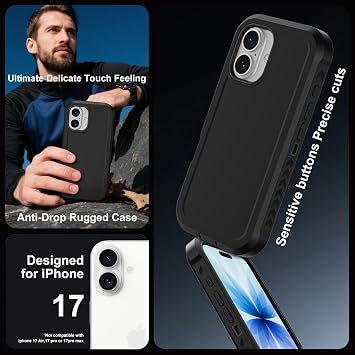 iPhone 17用磁気ケース、MagSafe対応、高耐久3層落下保護電話ケース、スクリーンプロテクター付き、ミリタリーグレードの衝撃吸収頑丈な電話カバーApple 17 6.3インチ用 ブラック