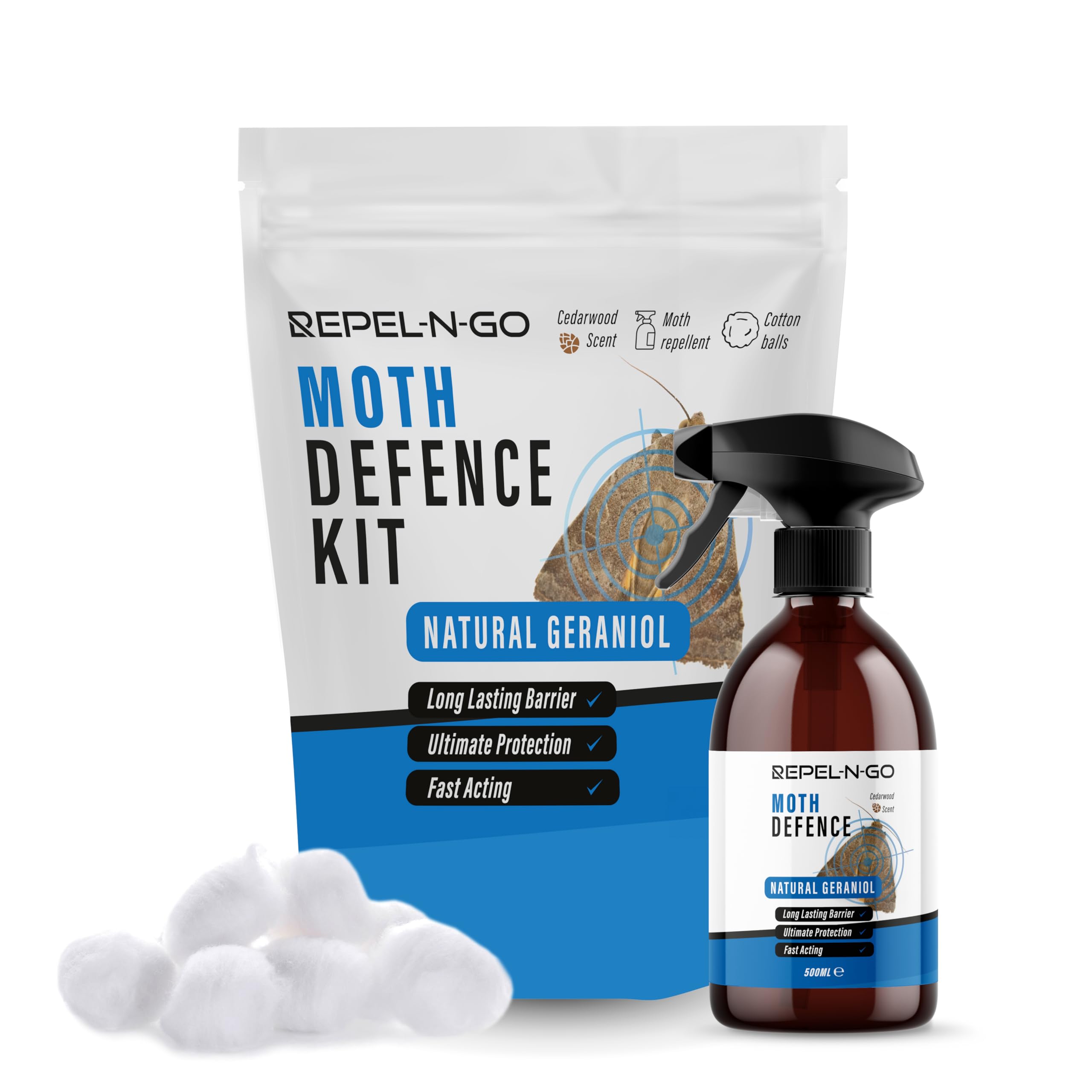 Repel-N-Go - Moth Repellent Kit | Deterrent Spray | Natural Eco-Friendly Pest Control Defence - Contains Cedarwood, Geraniol & Cotton Balls - 500ml