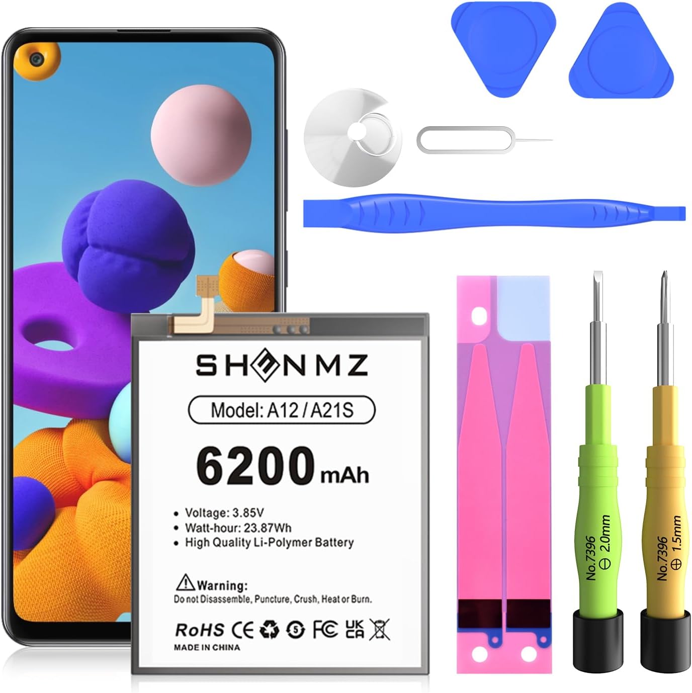 SHENMZ 6200mAh Battery Replacement for Samsung Galaxy A12 (Upgraded) - Compatible with SM-A125F/U/M Models - Includes Repair Tools
