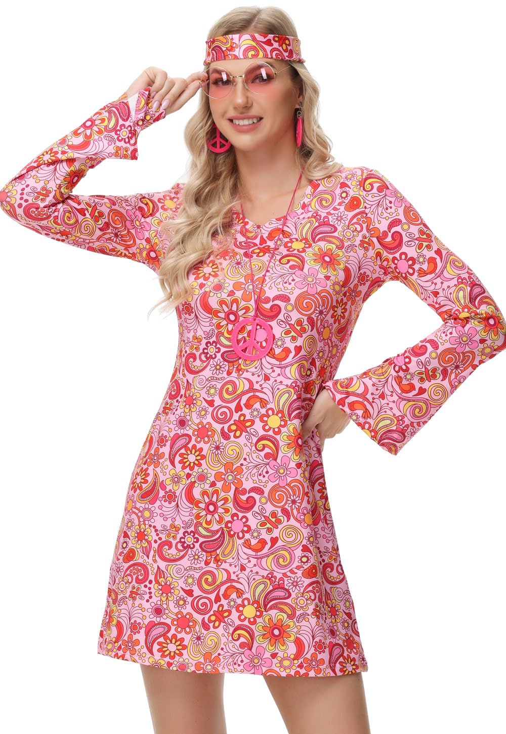 Elfin Women's Hippie Dress, 60s 70s Retro Costume with Accessories: Glasses, Headband, Necklace, Earrings for Disco Carnival - Image 2
