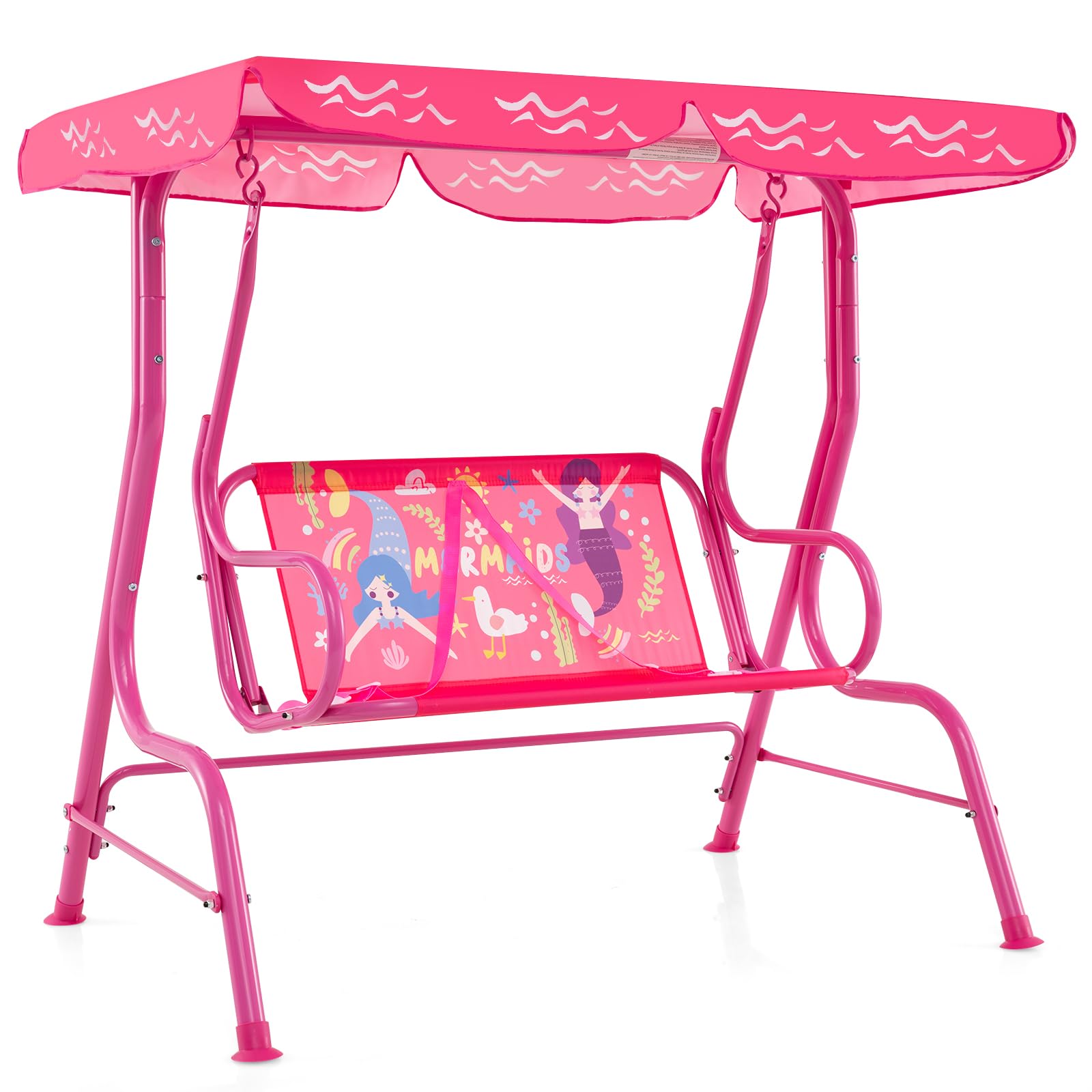 DREAMADE 2-Sitzer Kinder Hollywoodschaukel, Kinderschaukel mit verstellbarem Dach, Metallständer & Sicherheitsgurten, Outdoor-Schaukelsitz für Hinterhof, Garten, Balkon (Rosa)