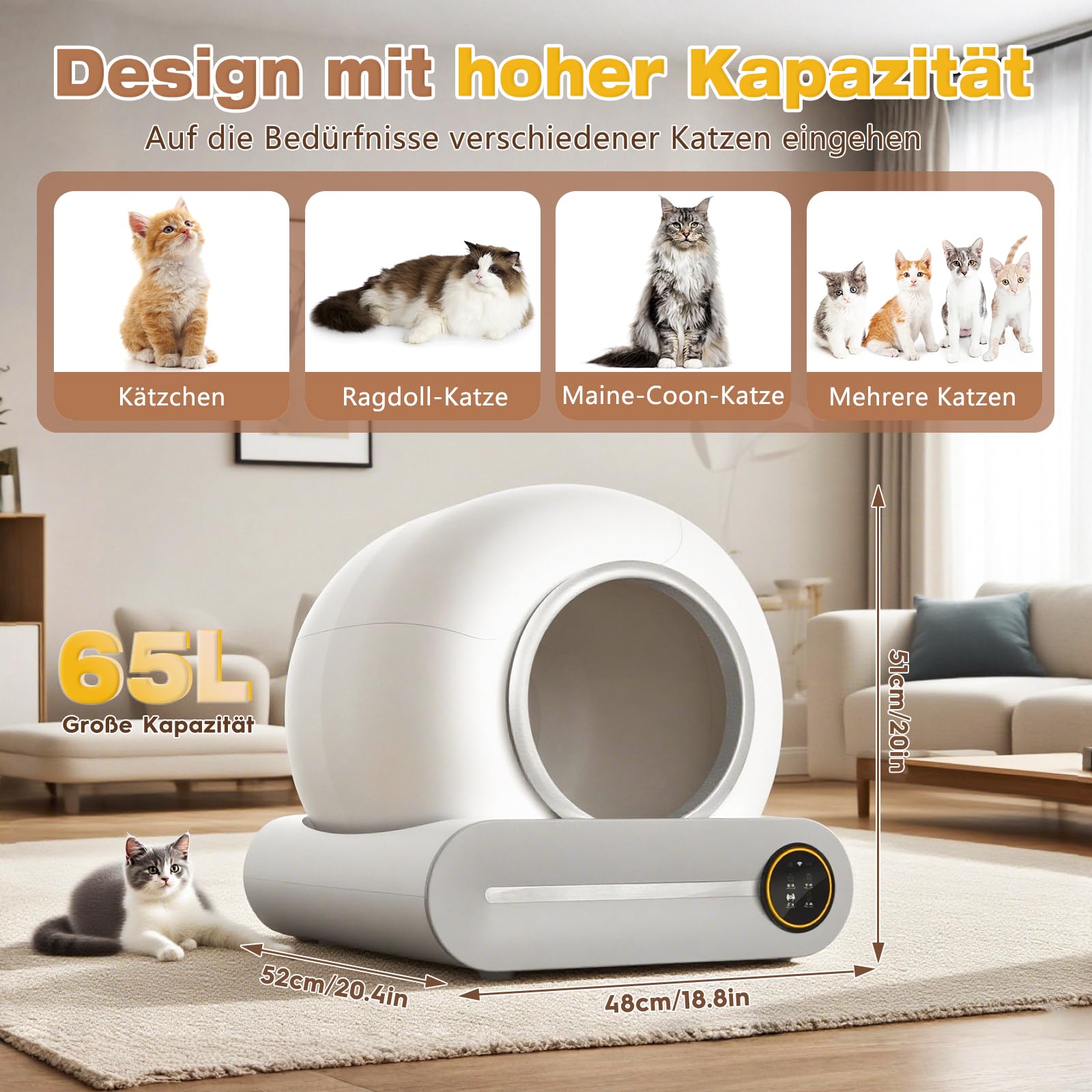 Katzenklo Selbstreinigend 65l Elektrische Automatische Katzentoilette,Automatischer Katzenstreu-Roboter Mit Extra GroßEm FassungsvermöGen/Ebenem Fach 9l/App Control/Ionic Deodorizer FüR Mehrere Katzen