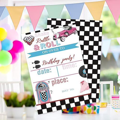 Miniatura 4 de 20 juegos de invitaciones de fiesta de cumpleaños de los años 50 con sobres, retro de los años 50 Jukebox a cuadros de doble cara impresas para