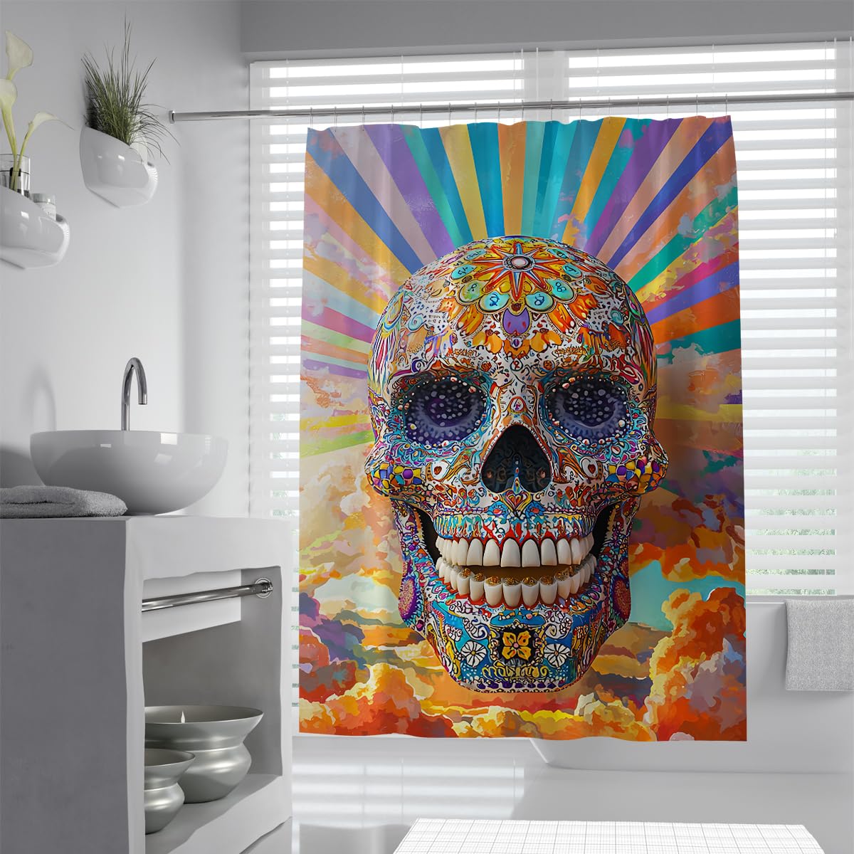 UIRINGART Colorful Sugar Skull Shower Curtain W120xL200cm Mexican Day of the Dead Retro Rainbow Sunburst Anti Mould Waterproof Bathtub Screens for Wet Room with Hooks