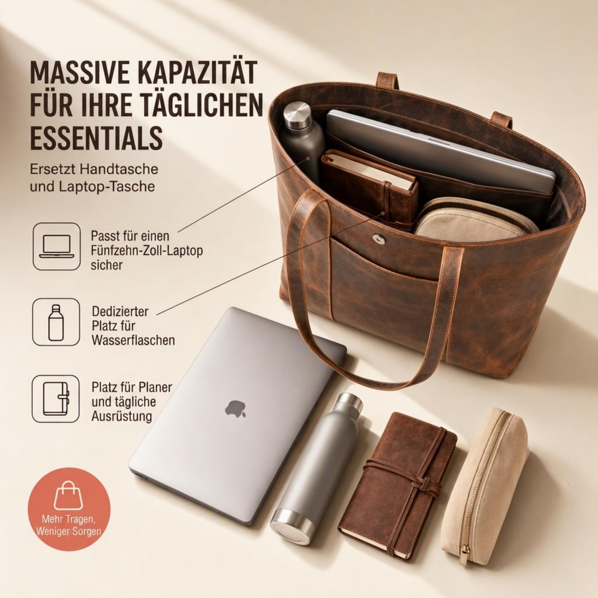 moonster Handtasche Damen Tote Bag 100% Naturleder – Langlebige Tasche Damen aus Büffelleder – Leder Shopper Damen Groß mit Polybaumwollfutter & Messingbeschlägen – Ledertasche Damen-Shopper