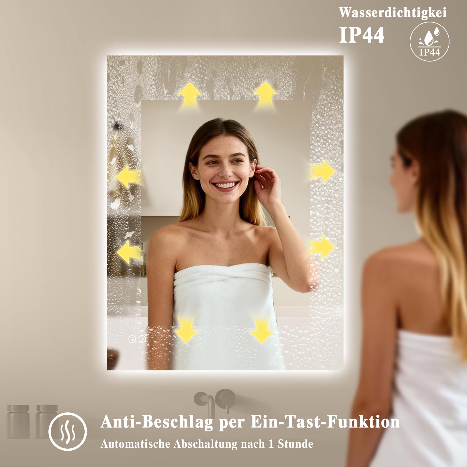 Badspiegel-mit-Beleuchtung 50x70cm - LED Badezimmerspiegel Badezimmer Spiegel mit Beleuchtung, Touch-Schalter, Dimmbar, 3 Lichtfarben - Wandspiegel Led Spiegel Bad - Horizontal/Vertikal