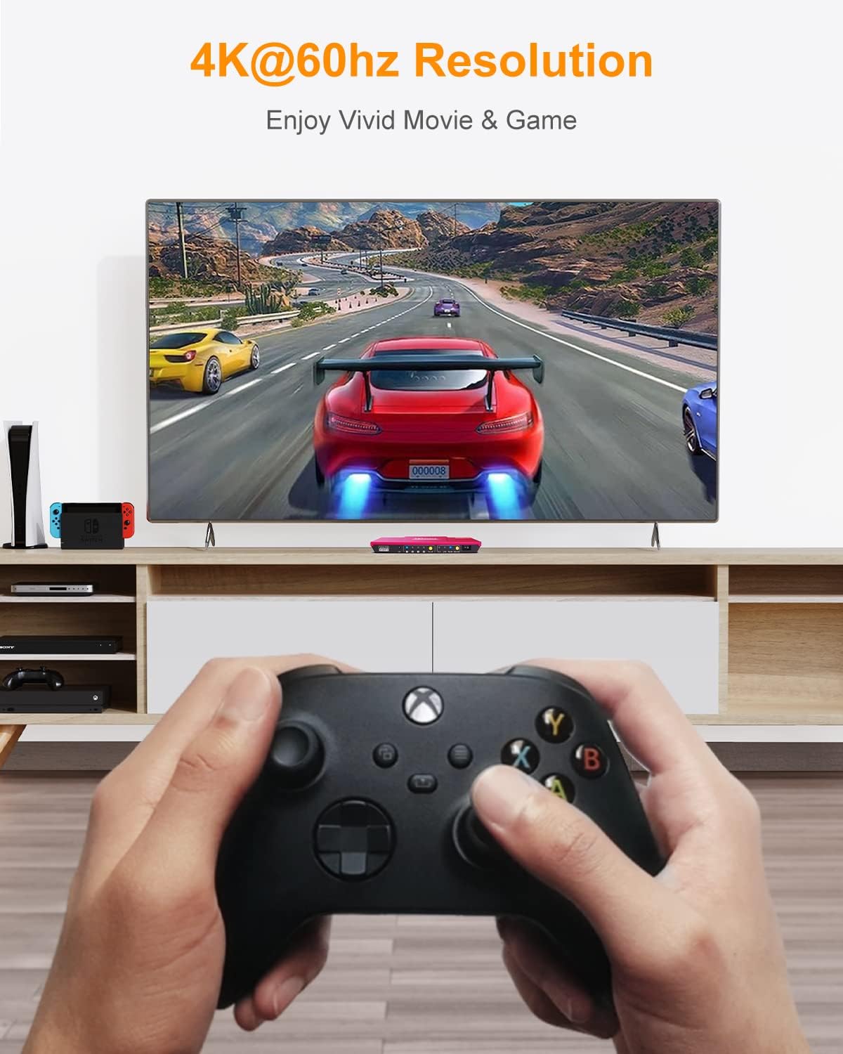 Diagram illustrating wide compatibility of the TESmart 4x1 HDMI Switch with various input devices like laptops, PCs, Apple TV, Xbox, PS3/PS4, and output devices like monitors, TVs, and projectors.