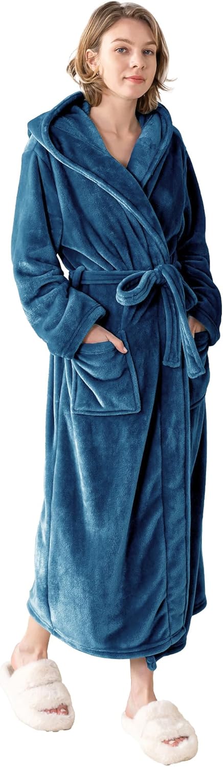Robes for Women - Hooded Plush Fleece Bathrobe with Sash & Pockets, Full-Length Lightweight Spa Robe