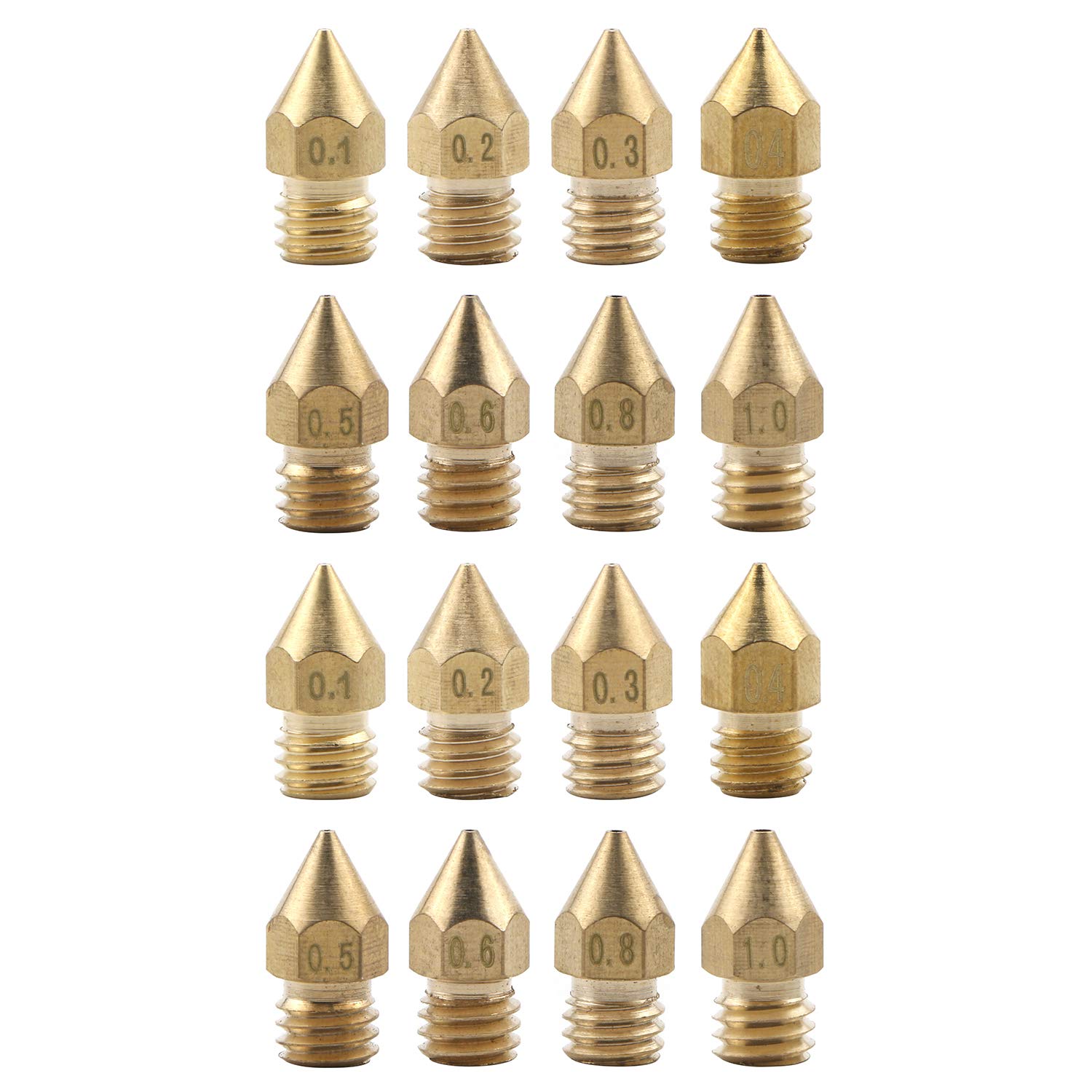 Ellbest16PCS MK8 Extruder Head 3D Printer Nozzles 0.1mm, 0.2mm, 0.3mm, 0.4mm, 0.5mm, 0.6mm, 0.8mm, 1.0mm