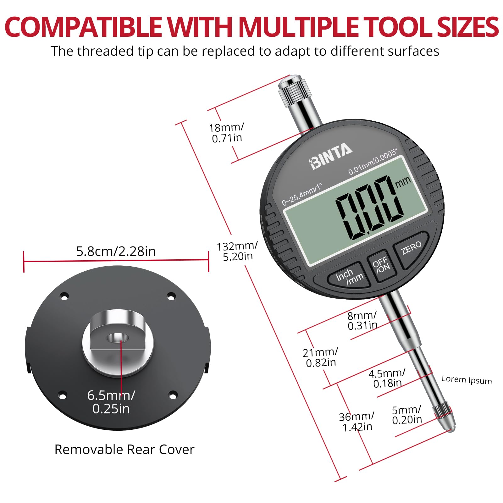 BINTA Indicateur Numérique à Cadran 1 Pouce/0,0005 Pouce, DTI Comparateur 0.01/0.0005'' Écran LCD Alliage de Zinc avec Couvercle Arrière pour Applications Industrielles, Mécaniques, 3D et