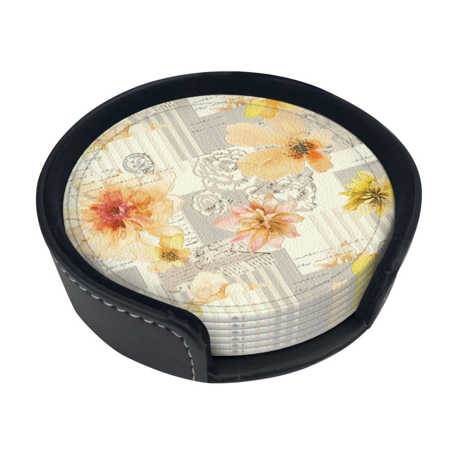 Light Yellow Flower Print Round Coasters Set Of 6,Coaster For Tabletop Protection Home Bar Decor