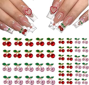COOSLIM 40 Pcs 3D Cherry Nail Charms, Cherries Nail Rhinestones Gems, Nail Art Shiny Studs Cute Gold Nail Diamond Crystal for Women Girl, Jewelry Making Crafts DIY Manicure Pink/Red Gold, 6mm/8mm A