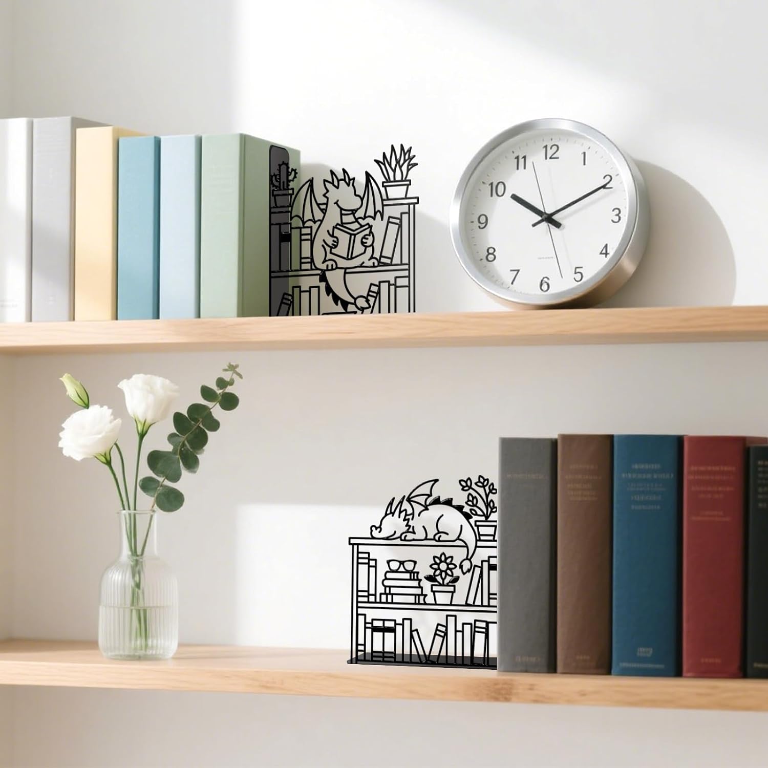 Metal Decorative Bookend Unique Dragon Bookends Decorative Cute Book Ends for Shelves Bookshelf Home Office Desk Bookshelf Decor Gift for Reading Enthusiasts