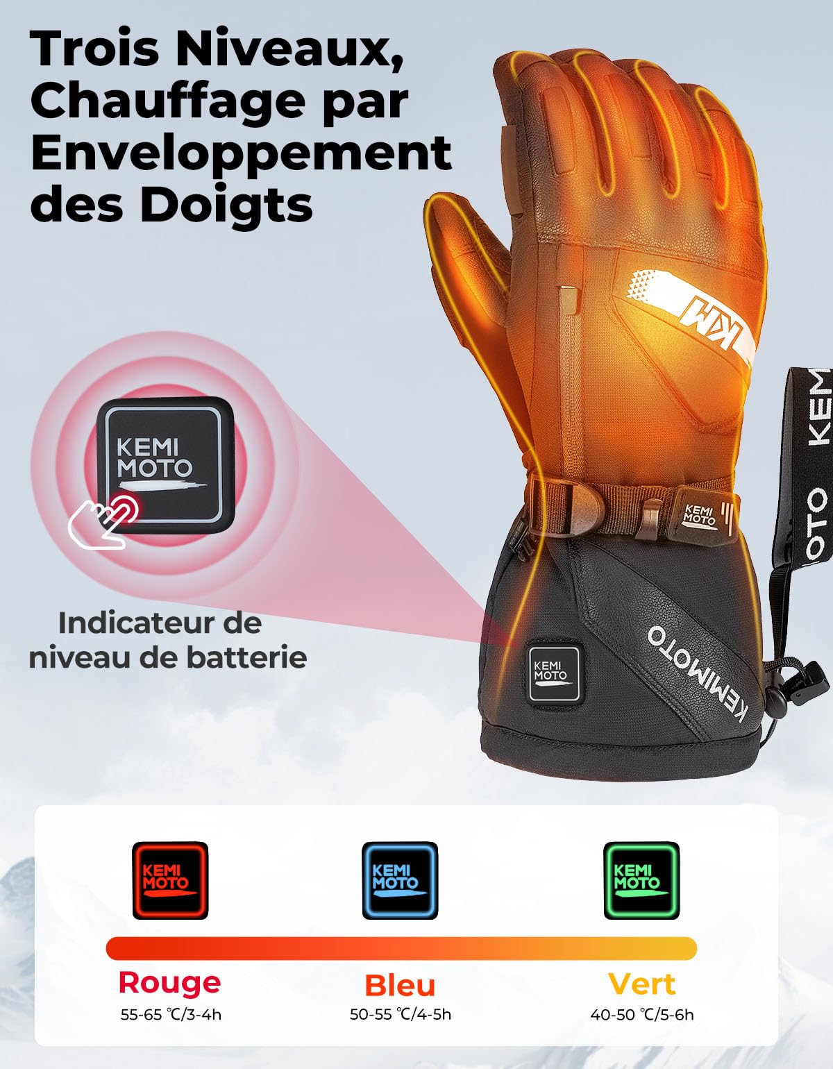 KEMIMOTO Gant Chauffant Moto, Gants Chauffants Hiver Coussin EVA, Écran Tactile et Résistants à l'usure, Thermiques Électriques la Moto, Le Ski, Le Scooter