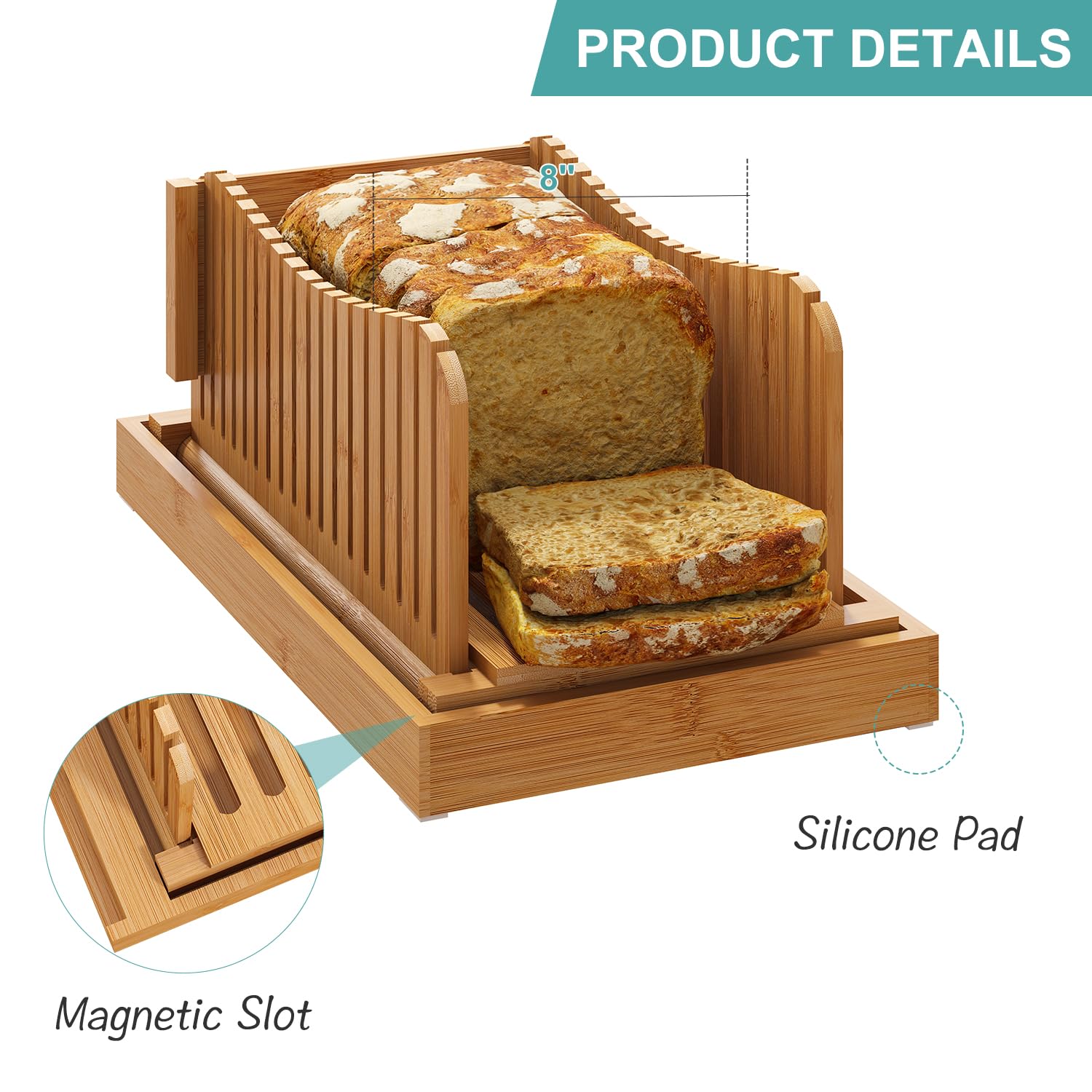 Cortador de pan, guía de pan casero de madera de bambú, grosor de 3 rebanadas, guía de corte compacta plegable con bandeja para migas