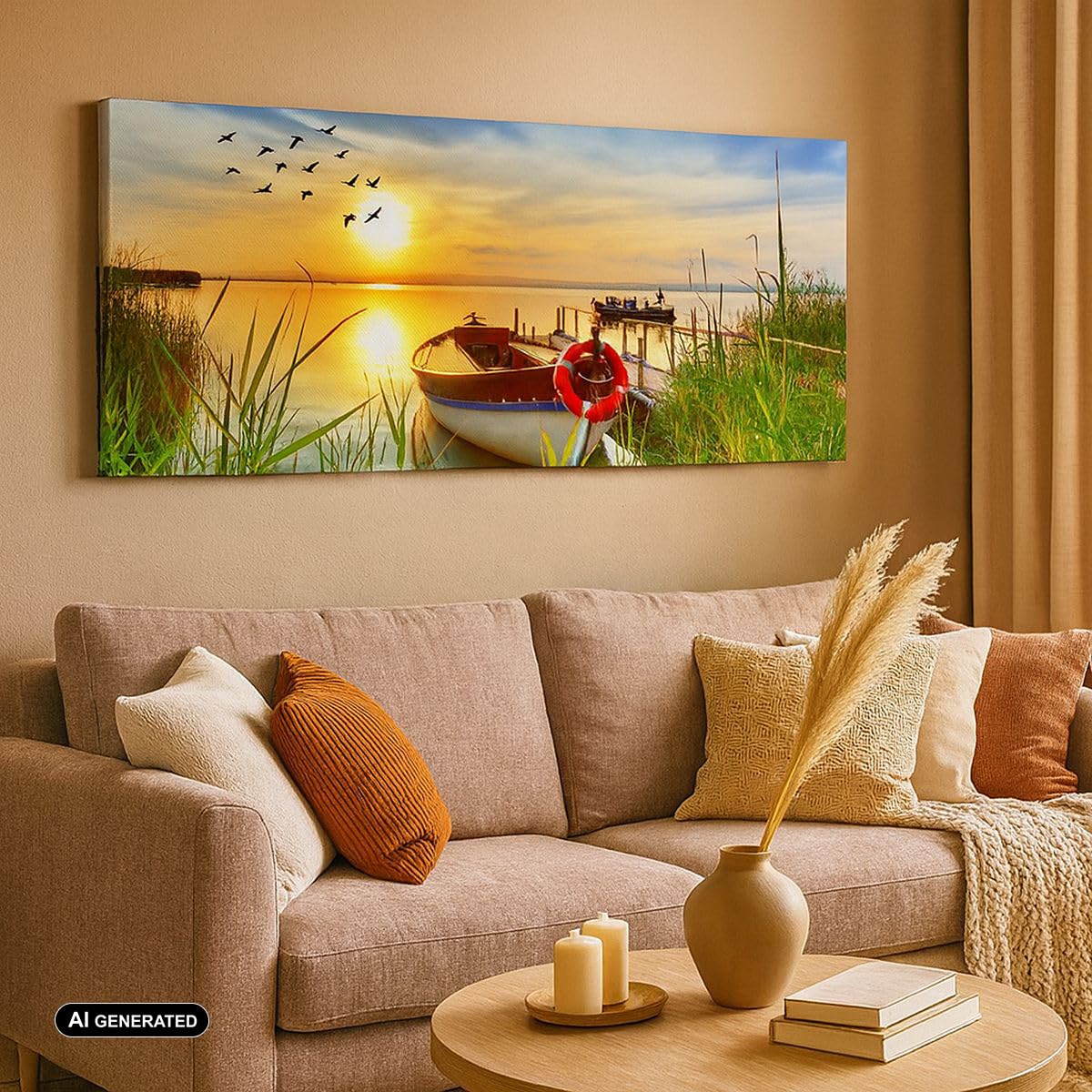 Lienzos decorativos 100x40cm Cuadro Sobre Lienzo Moderno Barco lago puesta del sol verano la gente Grande Dormitorio Cuadros Pared Imágenes Cuadros Decoracion Salon Wall Art Prints AB100x40-3053
