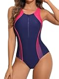 Women Front Zip One Piece Swimsuit Athletic Racerback Lap Bathing Suit