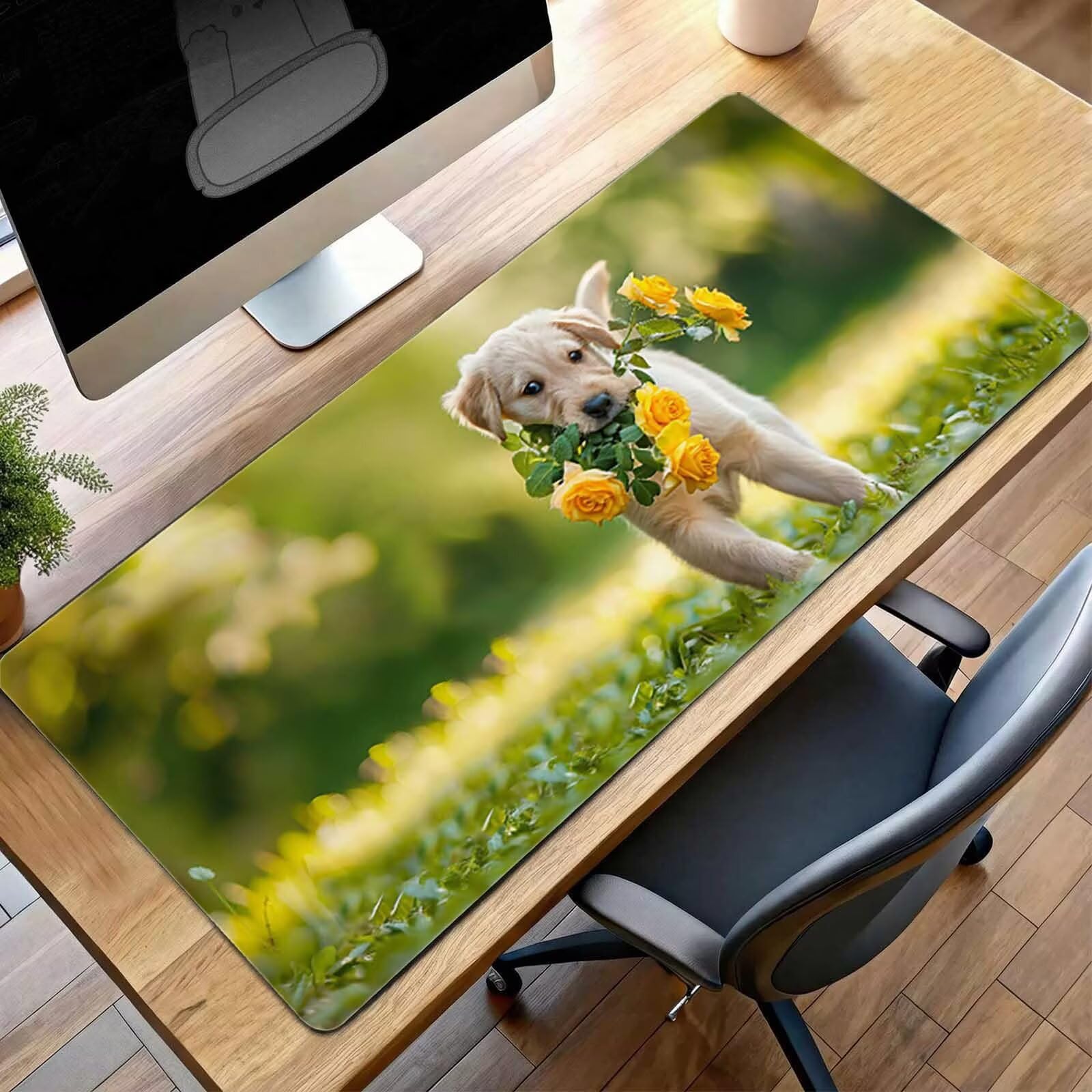 Podkładka pod mysz, gamingowa podkładka pod mysz, żółta, 1400 x 600 x 3 mm, duża mata dla psa, antypoślizgowa gumowa podstawa, akcesoria, wodoodporna, zszywane krawędzie, ulepszona precyzja i