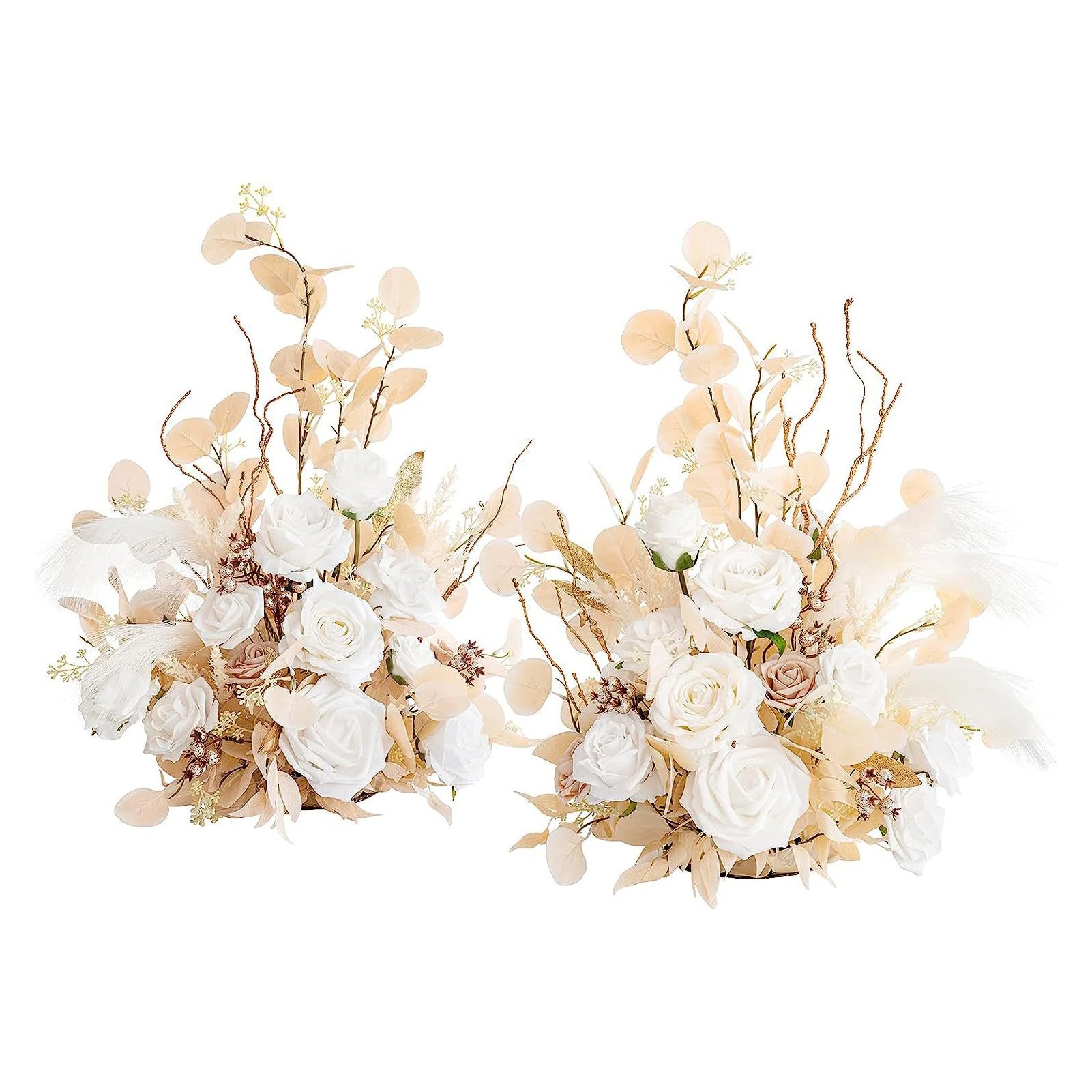 PRTECY Free Standing Artificial Flower Set of 2, Artificial Flowers Arrangement Bouquet Wedding Aisle Chair Decorations for Wedding Ceremony Aisle Runner Floral Decor(White)