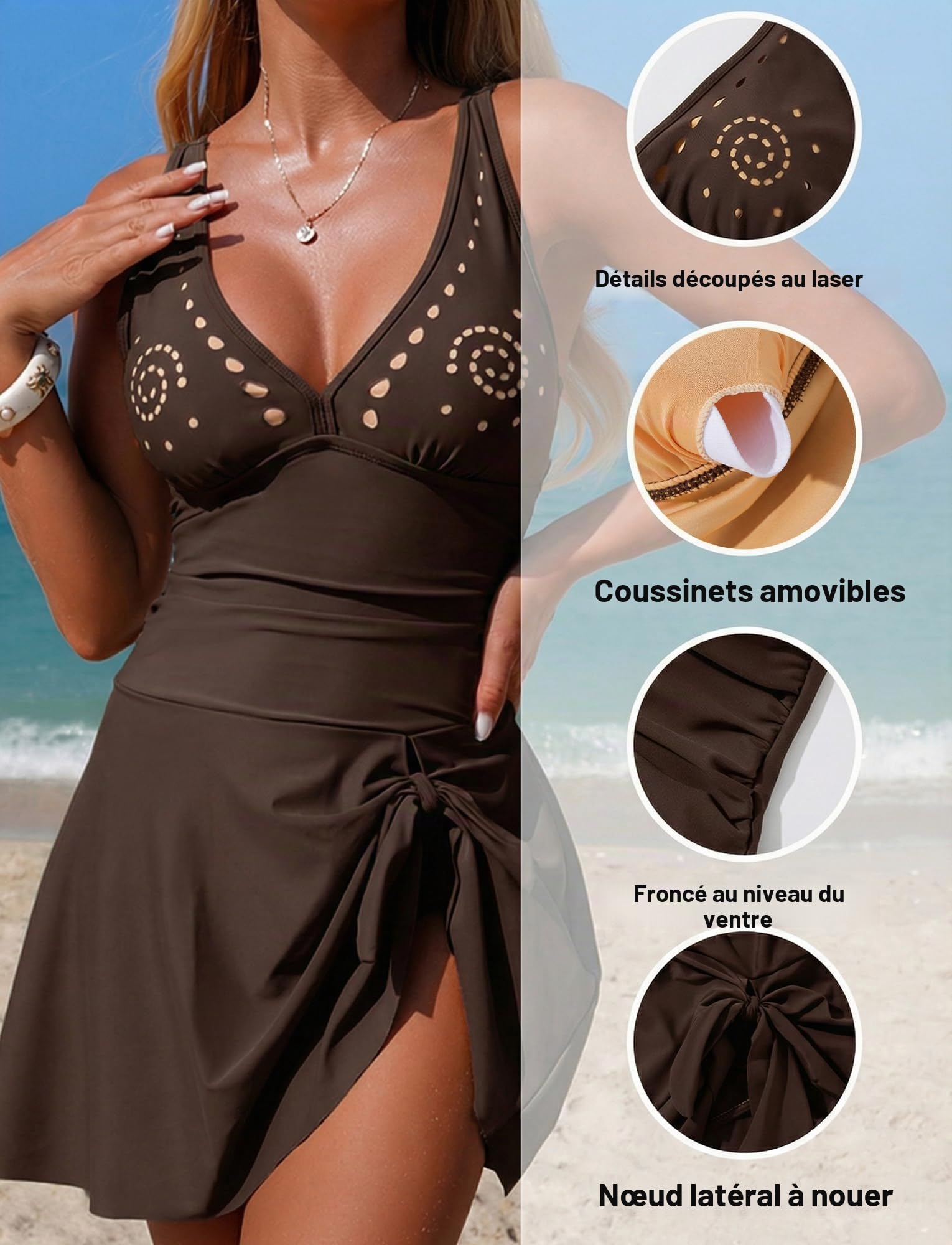 Maillot De Bain Une Pièce avec Jupe Femme Contrôle du Ventre Col V Mesh Découpé