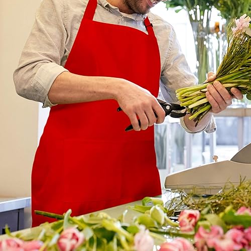 Miniatura 6 de Paquete de 2 delantales con peto 100% algodón con 2 bolsillos para cocina, mujeres y hombres, rojo