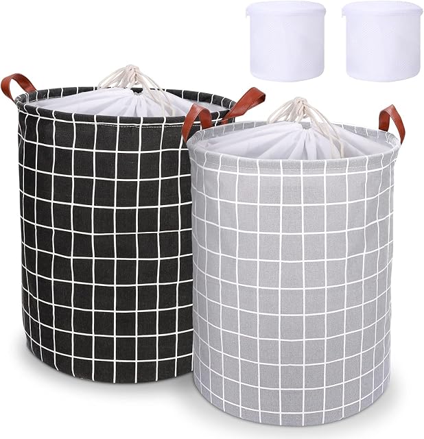 Tiikiy Laundry Basket, 62.8L Large Washing Basket 2Pcs, Collapsible Laundry Hamper with Leather Handle, Waterproof Coating Laundry Bin with Laundry Bag, Cotton Storage Basket,15.7 × 15.7 × 19.7 Inch