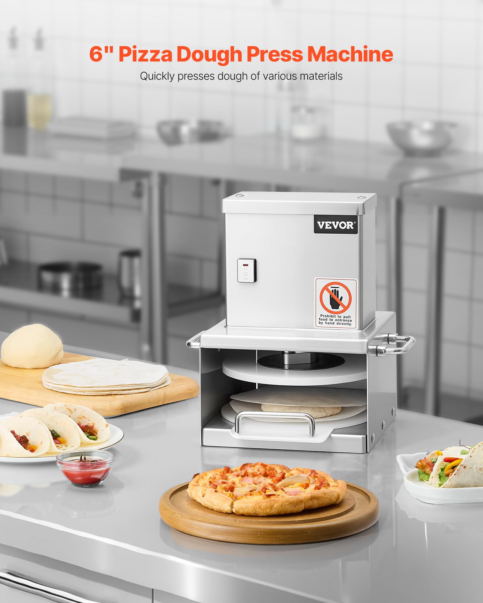 VEVOR Macchina per Pressatura della Pasta per Pizza Elettrica in Acciaio Inossidabile, Piastra per Pressatura della Pasta per Pizza, con Spessore Regolabile, con 100 Fogli di Carta da Forno